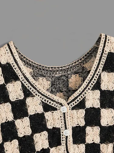 Miniatura 3 de Verdusa Chaleco de punto a cuadros sin mangas con cuello en V y botones para mujer