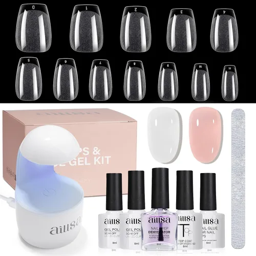 Miniatura 11 de AILLSA Kit de uñas almendra con lámpara UV, 240 piezas de puntas de uñas cortas de gel y kit de pegamento en gel con pegamento de uñas 2 en 1, capa