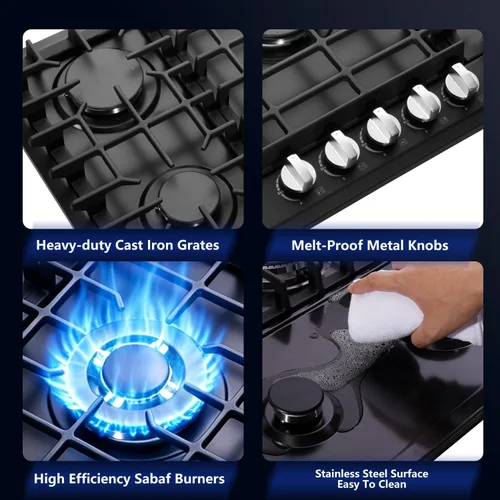 Miniatura 3 de Cocina de gas de 30 pulgadas, estufa de gas integrada de 5 quemadores de acero inoxidable, estufa de gas convertible a propano/gas natural, estufa