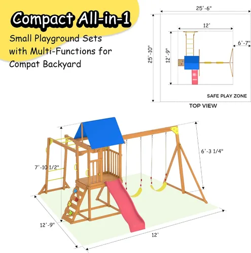 Miniatura 2 de SUNIBOXI Juegos de columpios de madera para patio trasero, juego de parque infantil al aire libre con barras de mono, tobogán ondulado, 2 columpios