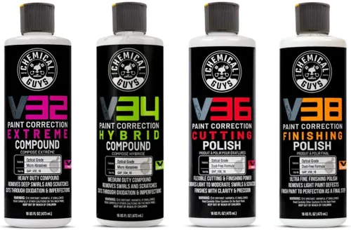 Chemical Guys Paquete completo de removedor de esmalte, compuesto y arañazos y remolinos (6 botellas de 16 onzas)