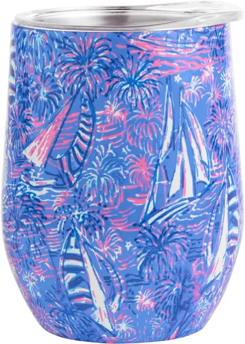 Lilly Pulitzer Vaso aislado de 12 onzas con tapa, copa de vino de viaje de acero inoxidable, vaso de metal de doble pared azul, It's a Sailabration