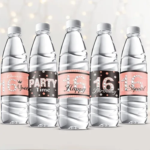 Zonon 39 etiquetas impermeables para botellas de agua de cumpleaños número 16, envoltorios para botellas de agua de cumpleaños de 16 años (rosa)