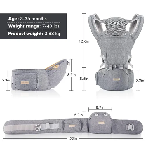 Miniatura 7 de Portabebés Recién Nacido a Niño: 9 en 1 Portabebés Convertible Ergonómico Portabebés Para Todas Las Temporadas, Posiciones M, Correa Ajustable Gris