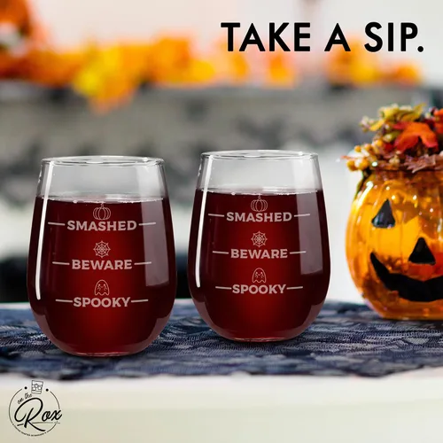 Miniatura 4 de On The Rox Regalos de copa de vino de Halloween para mujeres – "Smashed, Beware, Spooky Juego de 2 copas de vino – Copas de Halloween, vaso