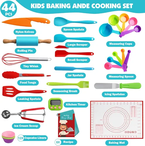 Miniatura 2 de Juego de 44 piezas de cocina y hornear para niños para cocina real, cuchillo seguro para niños y herramientas de cocina con libros de cocina