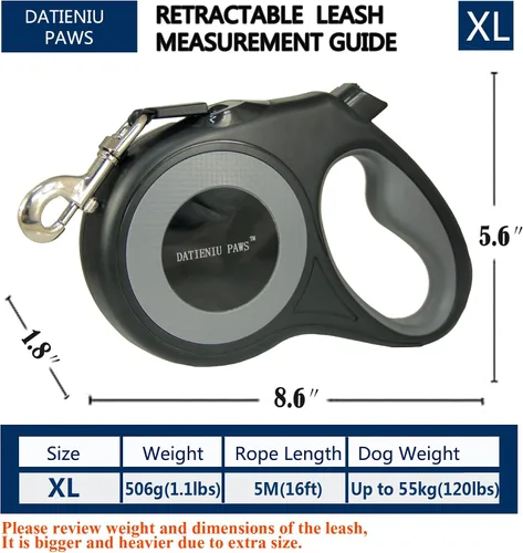 Miniatura 7 de Correa retráctil para perro, cinta de nailon fuerte de 16 pies, puntada reflectante para caminar por la noche, freno con una sola mano, mango Negro