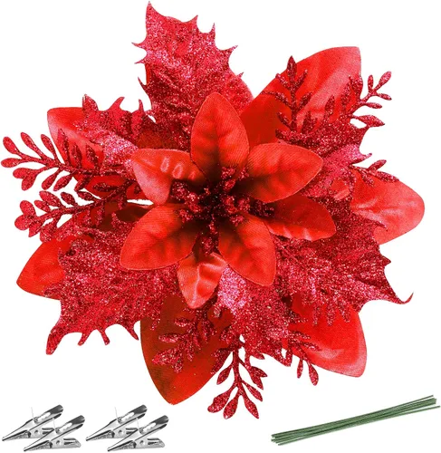 Miniatura 10 de FurRain Flores Artificiales de Navidad de Poinsettia 5.5" Guirnalda de Árbol de Navidad 12 Piezas Flores con Brillantina Adornos para Navidad Nueva