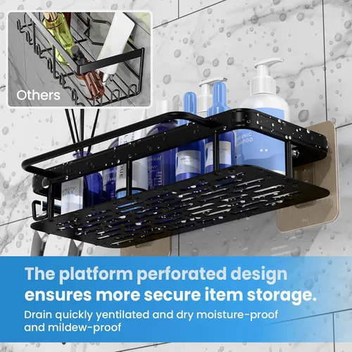Miniatura 4 de Paquete de 2 organizadores de ducha adhesivos, estantes de ducha de aluminio negro inoxidable con barras de toalla y ganchos, organizadores de baño