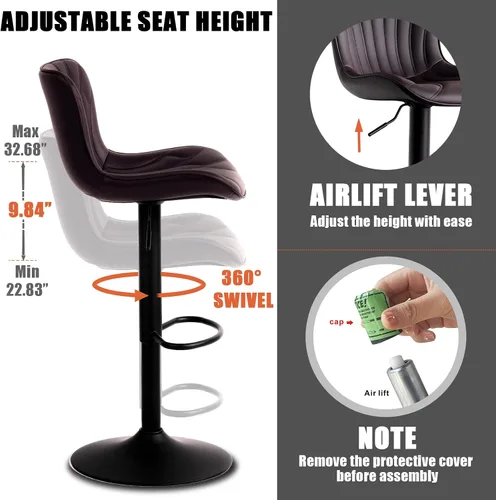 Miniatura 4 de YOUNIKE Juego de 2 taburetes de bar marrones modernos giratorios de altura de mostrador con respaldo alto ajustable para cocina, taburetes de bar