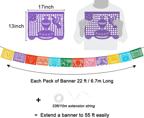 Miniatura 3 de Paquete de 3 pancartas mexicanas, 66 pies (22 pies x 3), pancartas grandes de plástico mexicanas para fiesta de Cinco de Mayo, decoraciones