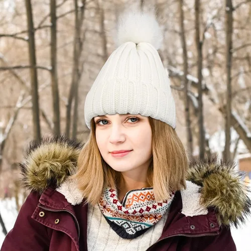 Miniatura 6 de Muryobao Gorro de invierno para mujer, con forro de satén, de piel sintética, con pompones, de punto, con forma de calavera