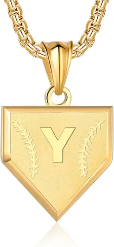 Miniatura 8 de Collar con inicial de la A a la Z para niños, de acero inoxidable, con dije de escudo de letra, cadena de 22 + 2 pulgadas, inspirador de béisbol
