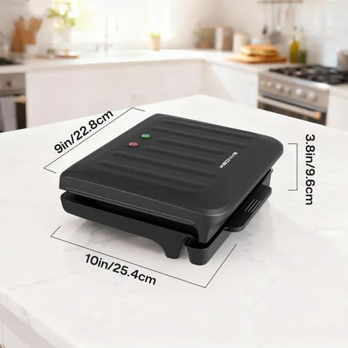 Miniatura 7 de KEINVE Parrilla eléctrica de 2 porciones y prensa Panini, revestimiento antiadherente resistente, bandeja de goteo atrapa grasa, color negro