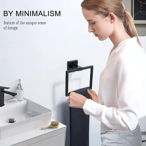 Miniatura 4 de TQKAG Toallero negro mate para toallas de baño, soporte para toallas de mano de acero inoxidable, perchas cuadradas para toallas montadas en la pared