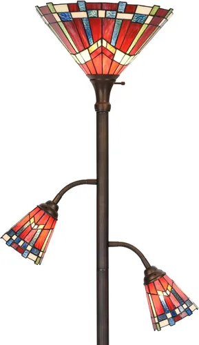 Miniatura 12 de Bieye L10838 Lámpara de pie Tiffany estilo flamenca con vitral y luces laterales para lectura, 177.8 cm de alto (Llama, Rojo)