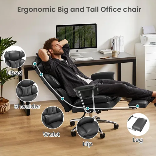 Miniatura 4 de OLIXIS Silla de escritorio para oficina en casa, cómoda con reposapiés, soporte ergonómico de cuero sintético grande y alto, ruedas giratorias