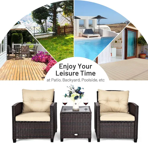 Miniatura 7 de Juego de muebles de mimbre para patio, juego de sofá para exteriores con cojín resistente al agua y mesa de vidrio templado, color marrón