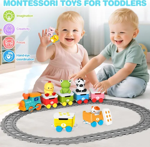 Miniatura 6 de Juguete de aprendizaje para niños pequeños de 1 a 3 años, juguetes eléctricos trenes con luces, música y vapor, contar, combinar y clasificar