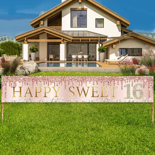 Cartel decorativo de cumpleaños de 16 años para niñas, decoración de fiesta de cumpleaños de 16 años de color rosa dorado y rosa, suministros de