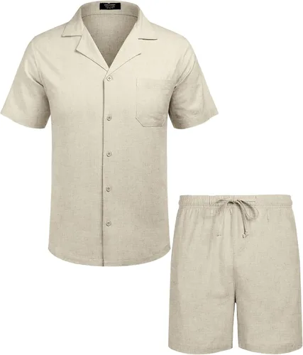 Miniatura 4 de COOFANDY Camisas de lino para hombre, manga corta, con botones, para playa, hawaiana, juego de 2 piezas