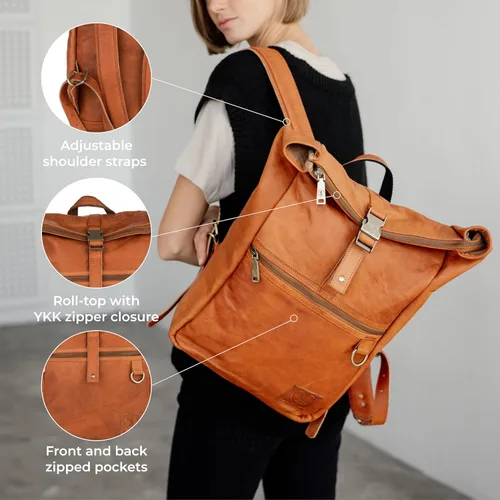 Miniatura 5 de BERLINER BAGS Mochila vintage de cuero genuino Utrecht, mochila para laptop, mochila de viaje para mujeres y hombres, café M, Mediana