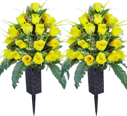 Miniatura 8 de LVXINLI 2 juegos de flores artificiales para cementerios, decoraciones de tumba al aire libre con rosas, hermosos arreglos florales con jarrón