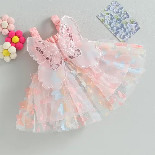 Miniatura 4 de Vestido de mameluco para bebé niña, sin mangas, espalda de mariposa, 3D, capas de mariposa, vestido formal de princesa para fiesta