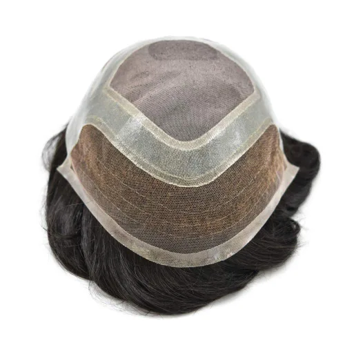 Miniatura 6 de Sistema de repuesto de piezas de cabello humano tipo tupé para hombre, transpirable, encaje francés, peluca para hombre, peluca de piel de #1B Negro