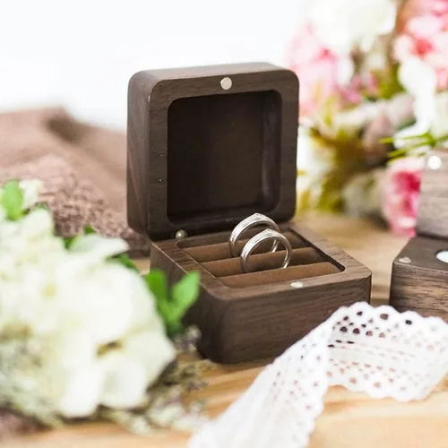 Miniatura 2 de Caja de anillo de madera de compromiso, caja de anillo rústica de doble ranura, caja de almacenamiento de joyas cuadrada de madera maciza, caja