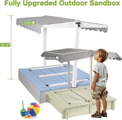 Miniatura 4 de GUTINNEEN Wooden Sandbox with 360° Adjustable Canopy, Outdoor Kids Sand Box with Foldable Benches, Sand Leak-Proof Liner, 47”Lx47”Wx52”H, Blue