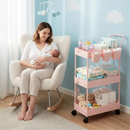Miniatura 7 de danpinera Carrito de almacenamiento delgado, carrito rodante estrecho de 3 niveles con ruedas, organizador de baño con divisores, mango, ganchos