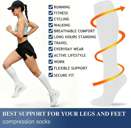 Miniatura 6 de Calcetines de compresión para mujeres y hombres circulación (3 pares) son el mejor apoyo para correr, atletismo, ciclismo, senderismo Blanco