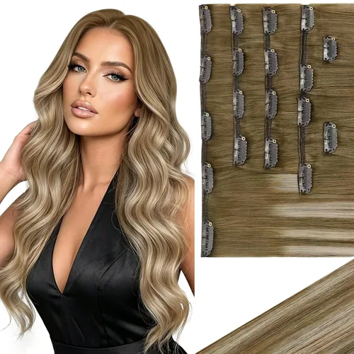 Miniatura 26 de Ve Sunny Extensiones de cabello clip-in de cabello humano real con reflejos, extensiones de cabello con clip para cabello corto, marrón oscuro