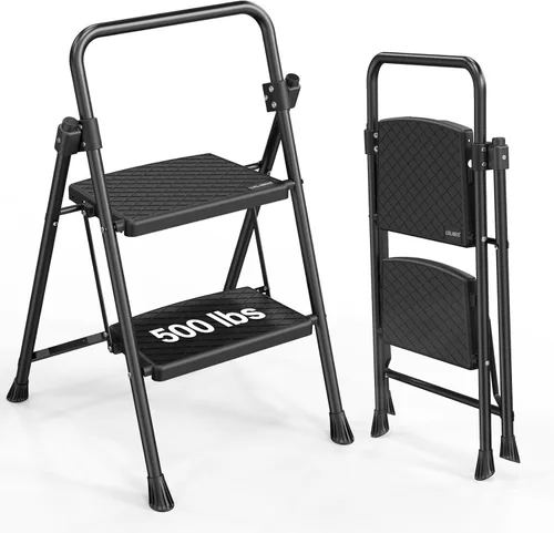 Miniatura 15 de LUISLADDERS Escalera de 5 escalones con barandillas, taburete plegable con pedal antideslizante ampliado, escalera ligera de 5 escalones plegable