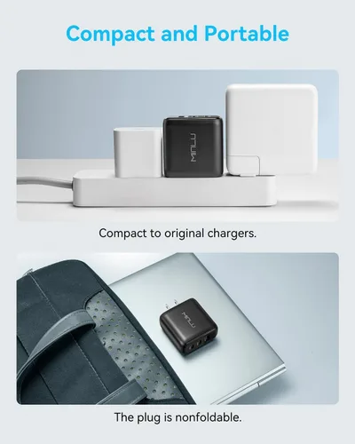 Miniatura 7 de MINLU GaN - Bloque de cargador USB C de 65 W, cargador de pared compacto de 3 puertos tipo C con cable USB-C/L 2 en 1 de 6 pies, 100 W, carga rápida
