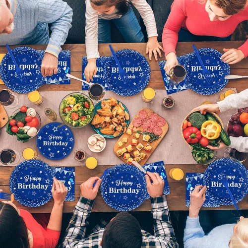 Miniatura 6 de Tevxj - Juego de vajilla para fiesta de cumpleaños, 96 piezas en azul marino y plata, platos desechables, servilletas, tenedores para 24 invitados
