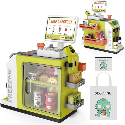 Juego de caja registradora para niños – 48 piezas de dinero de simulación, calculadora, escáner, tarjeta de crédito y comida de juego para niños y