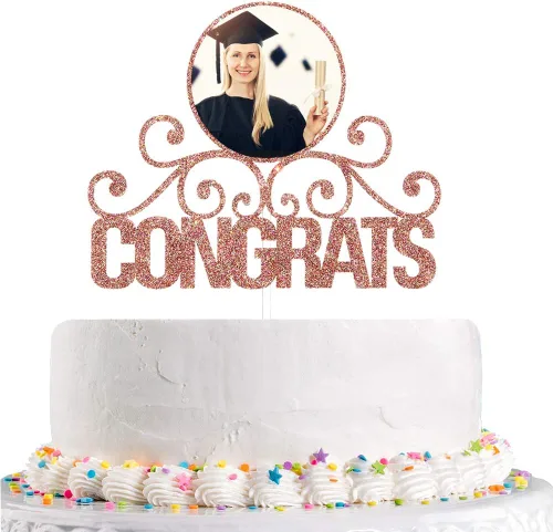 Talorine Decoración de pastel con purpurina con marco de fotos, felicitaciones graduadas feliz graduación, suministros de decoración de fiesta de