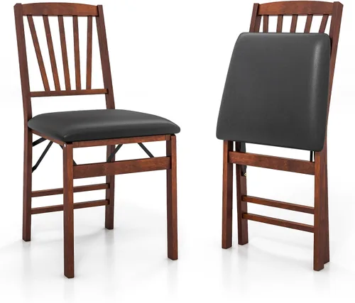 GOFLAME Juego de 2 sillas plegables de comedor, sillas plegables con asiento acolchado de PVC y respaldo alto, sillas de comedor de madera, paquete