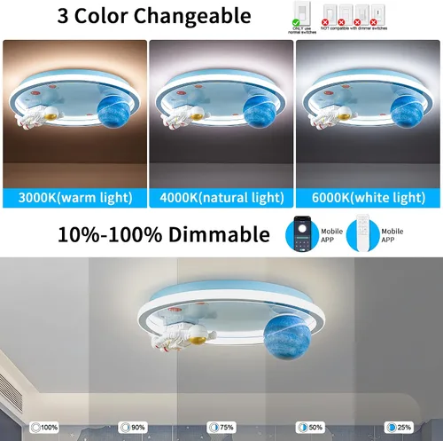 Miniatura 4 de Shine LUEST Lámpara de techo de astronauta de 20 pulgadas regulable para niños, luces de techo empotradas para dormitorio, lámpara LED de 3000