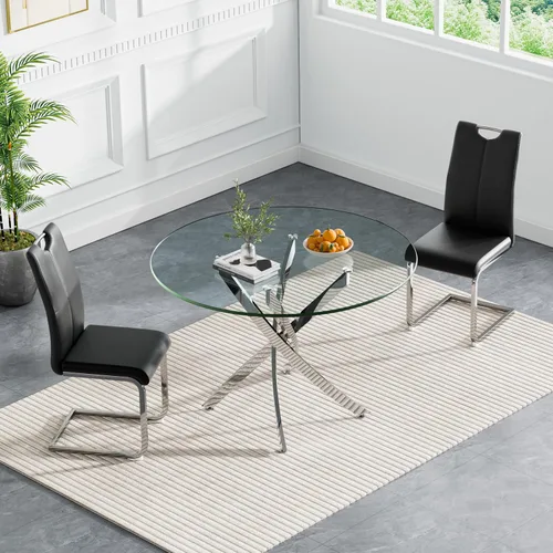 Miniatura 2 de Juego de mesa redonda de comedor para 2, juego de mesa de comedor de 3 piezas con mesa de comedor de vidrio plateado de 36 pulgadas y 2 sillas