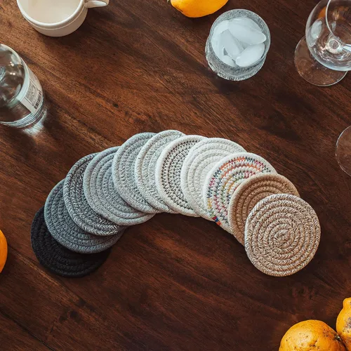 Miniatura 6 de OrganiHaus Juego de 6 posavasos de algodón absorbente, decoración rústica de estilo bohemio para mesa de café y protección de bebidas, posavasos