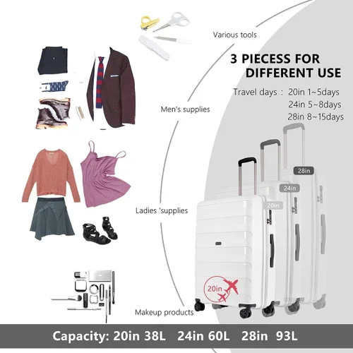 Miniatura 8 de GinzaTravel Maleta giratoria rígida, equipaje de mano, resistente al desgaste y a los arañazos con ruedas, Blanco, 3-piece Set