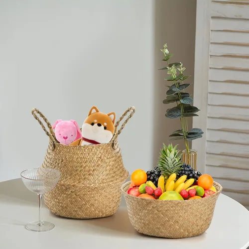Miniatura 6 de Yesland Paquete de 2 cestas tejidas de hierba marina con asas, cestas de mimbre ideales para almacenamiento de plantas, cestas para lavandería