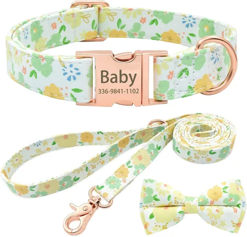 Miniatura 6 de Collar de perro con bonito lazo personalizado con nombre, collar floral personalizado con hebilla dorada grabada para perras pequeñas, medianas
