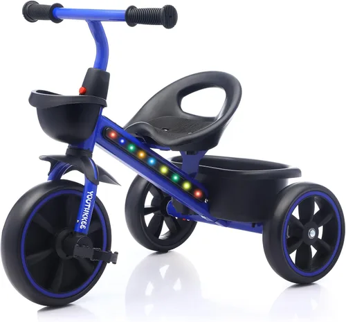 Triciclo para niños con luces LED coloridas para niños pequeños de 1 a 3 años, diseño estable de 3 ruedas y canasta de almacenamiento para paseos