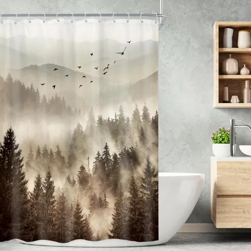Miniatura 24 de Riyidecor - Cortina de ducha para baño pequeño de montaña, 36 pulgadas de ancho x 72 pulgadas de alto, verde, para RV, temática rústica, naturaleza