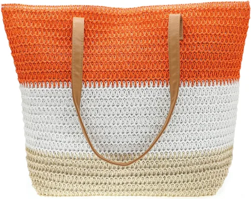 Miniatura 51 de Bolso grande de paja para mujer, tejido de ratán, bolso de playa de verano, a rayas