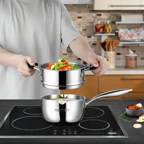 Miniatura 2 de SLOTTET - Cacerola de acero inoxidable tricapa enteramente recubierta con boquilla de vertido, olla pequeña multiusos de 1.5 cuartos con colador